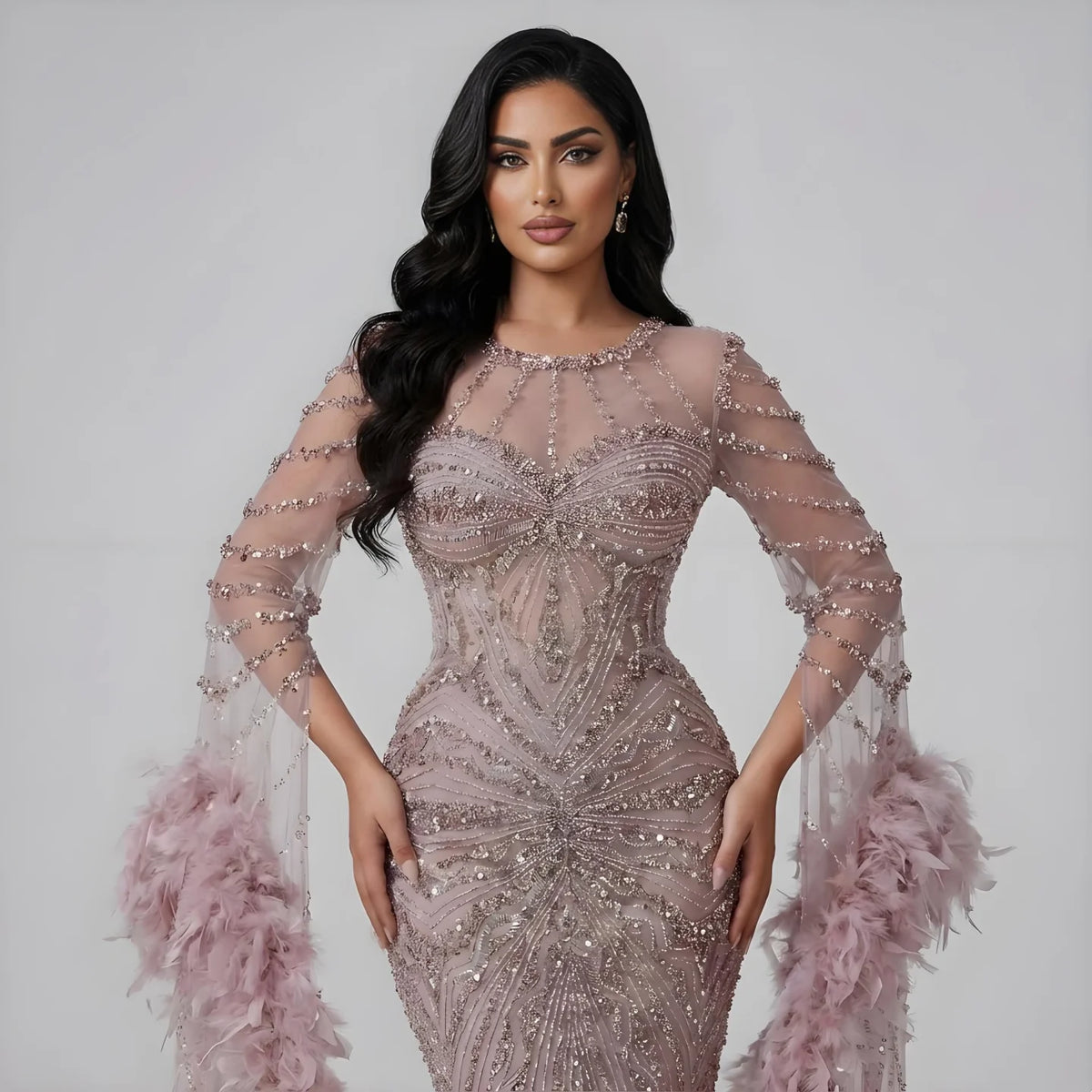 Serene Hill Pink Luxury Beaded Mermaid Evening Dress Gowns with Feathers for Formal Occasion Customized DLA72708A