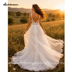Lakshmigown Boho Lace Tulle A-Line Wedding Dress with V-Neck Spaghetti Straps Low Back Romantic Bridal Gown For Outdo Customized