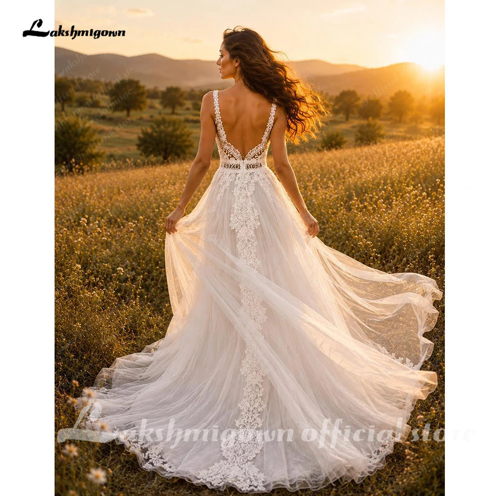 Lakshmigown Boho Lace Tulle A-Line Wedding Dress with V-Neck Spaghetti Straps Low Back Romantic Bridal Gown For Outdo Customized