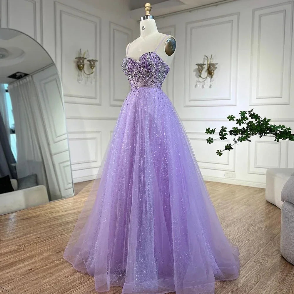 Serene Hill Customized Lilac Spaghetti Strap A Line Beaded Evening Prom Dresses Dubai Party Gowns for Women 2025 DLA72571