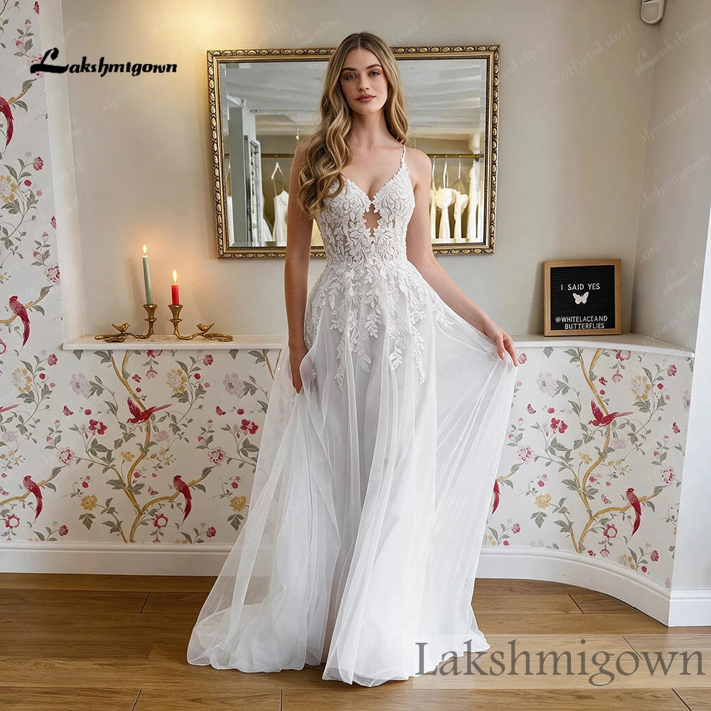 Lakshmigown Spaghetti Straps A‑Line Wedding Dress Deep V‑Neck Leaf Lace Appliques Beaded Tulle Bridal Gown Cut‑Out  Customized