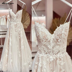 Lakshmigown Vintage Champagne Tulle Wedding Dress Customized A-Line Lace Appliques V Neck Backless Bridal Gown Abito Da Sposa