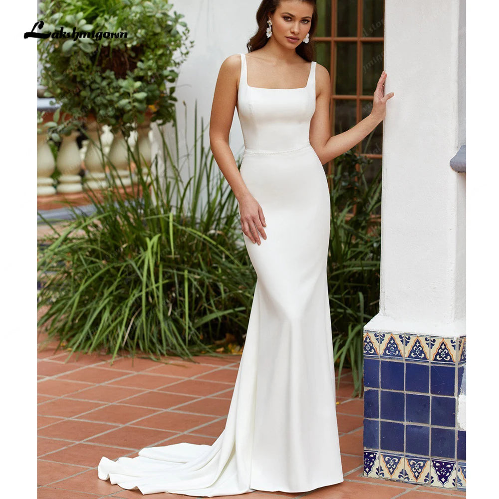 Lakshmigown Long Crepe Sqaure Collar Wedding Dresses Mermaid Sweep Train Button Back Bridal Dress Customized vestido de noiva