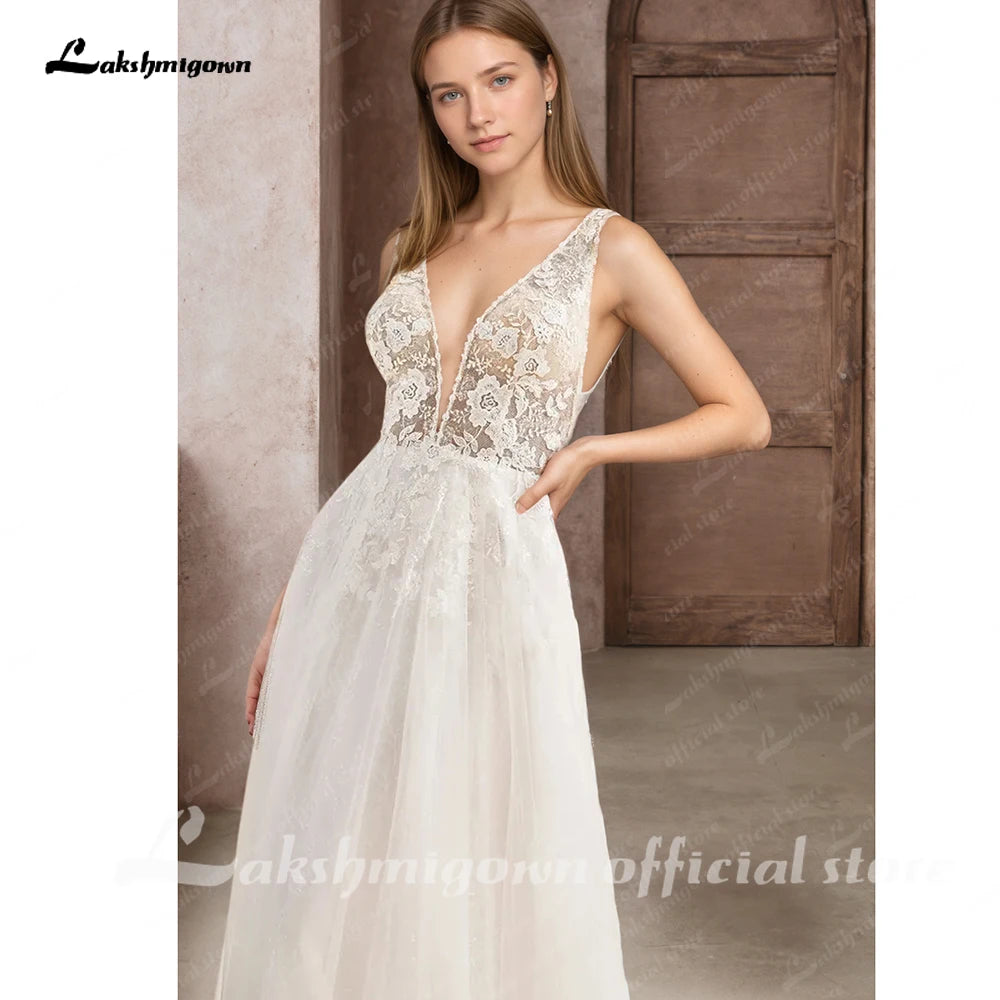 Lakshmigown Deep V-Neck Boho Wedding Dress Elegant Open Back A-line Sweep Train Brides Gown Vestidos De Novia Customized