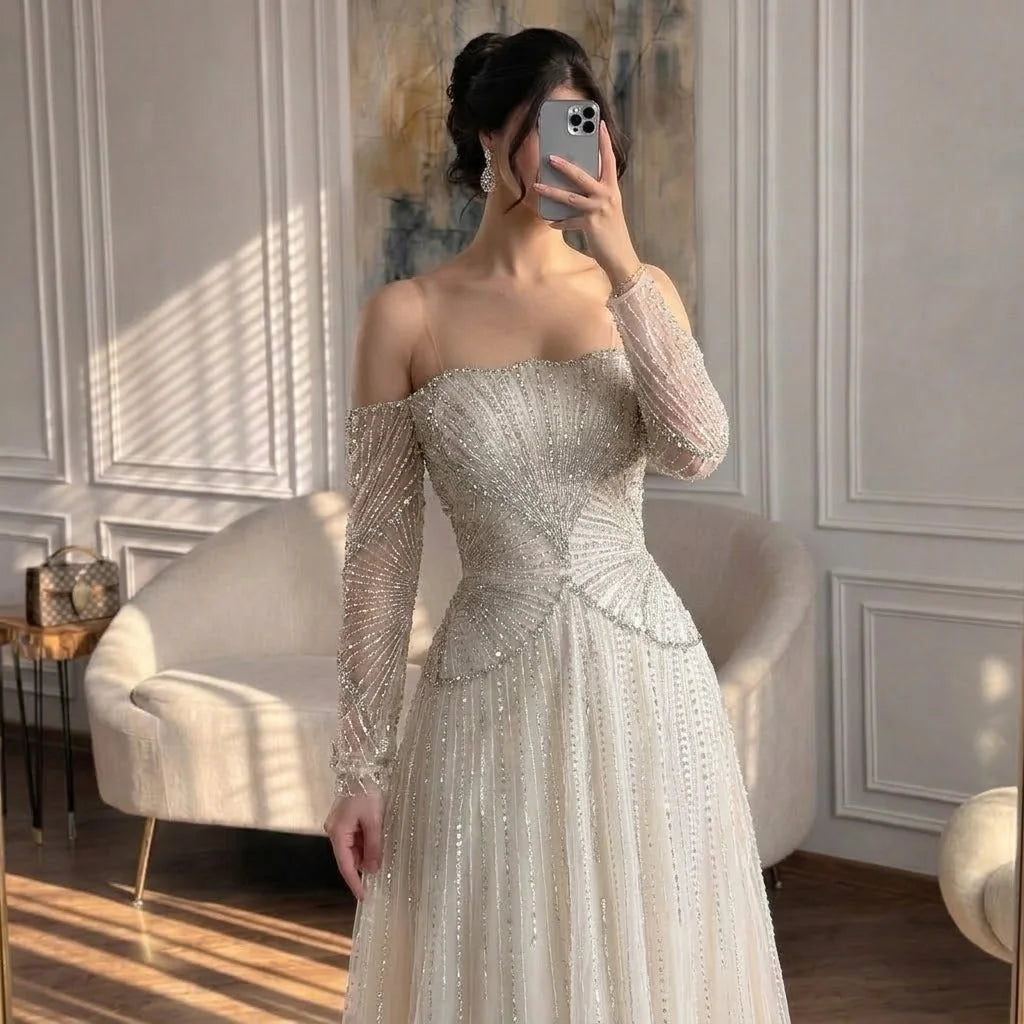 Serene Hill Customized Off Shoulder Long Sleeves A-line Prom Dress for Women Formal Wedding Party Evening Gowns DLA73333
