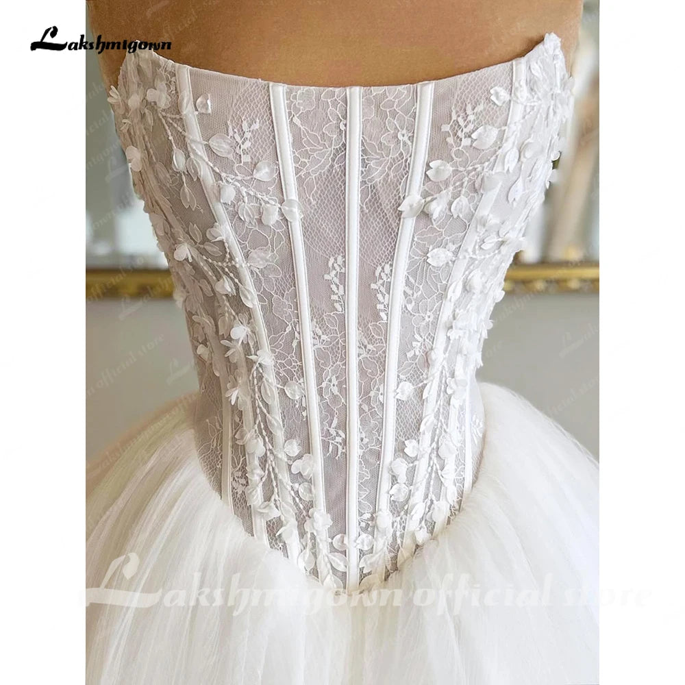 Lakshmigown Strapless 3D Flowers Wedding Gown Back Lace Up Puff Bridal Gown Vestidos De Novia Boda Floor Length Customized
