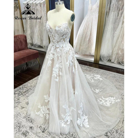 Vintage Spaghetti-Trägern Spitze Appliques Strand Brautkleid mit V-Ausschnitt 2024 A Line Boho Brautkleid abito da sposa Sommer Sexy 