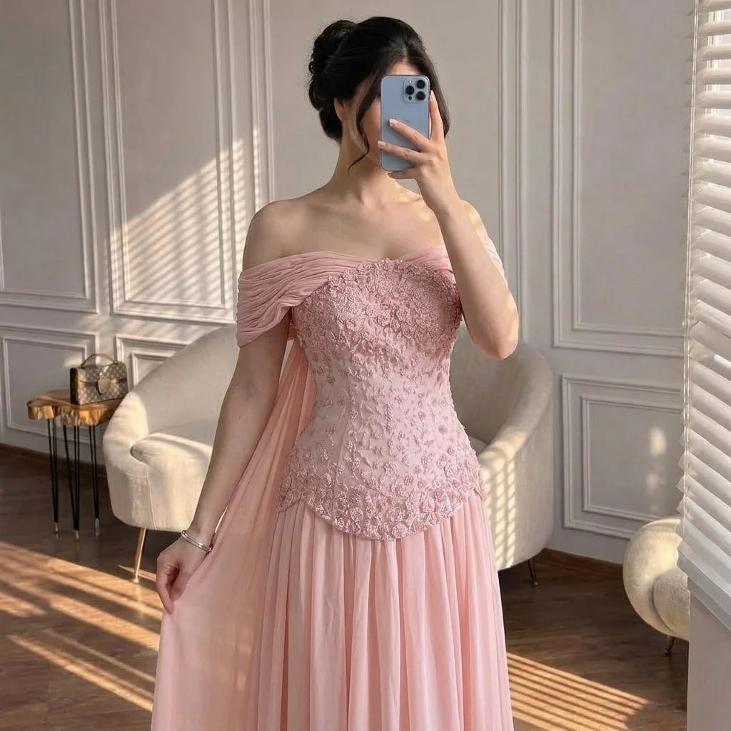 Serene Hill Pink Chiffon Evening Dress 2026 Elegant Off-Shoulder Formal Party Gowns with Cape at the Back Customized DLA73438