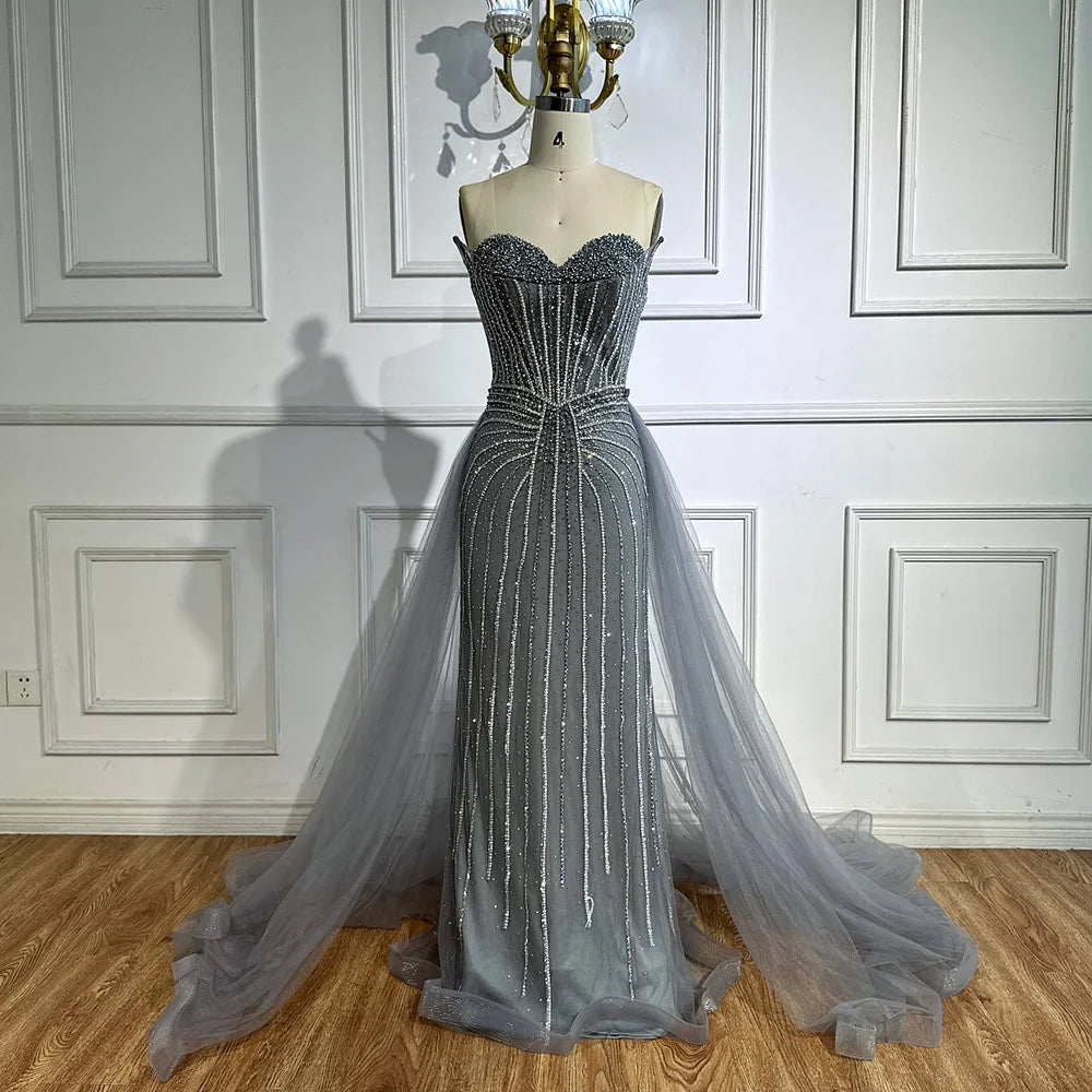 Abito da sera sirena con perle rosa, perline e sopragonna in stile arabo LA72811B