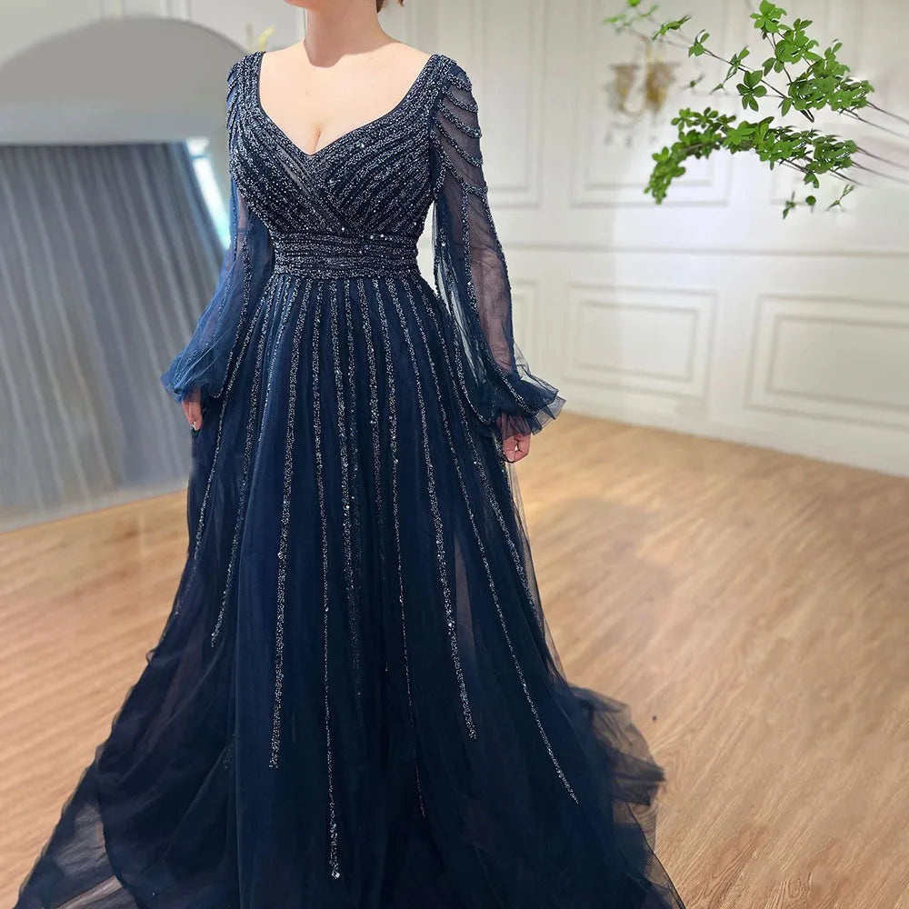 Serene Hill Customized Navy Long Sleeves A-Line Beaded Arabic Evening Dresses Gowns 2024 For Women Wedding Party DLA71867