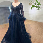 Serene Hill Customized Navy Long Sleeves A-Line Beaded Arabic Evening Dresses Gowns 2024 For Women Wedding Party DLA71867