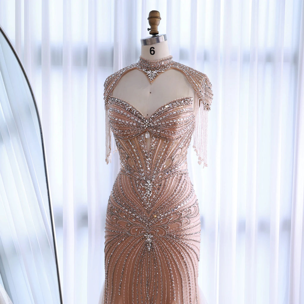 Serene Hill Nude Luxury Beaded Evening Dress with Tassel Wedding Party Gowns for Women DLA72897B Customized