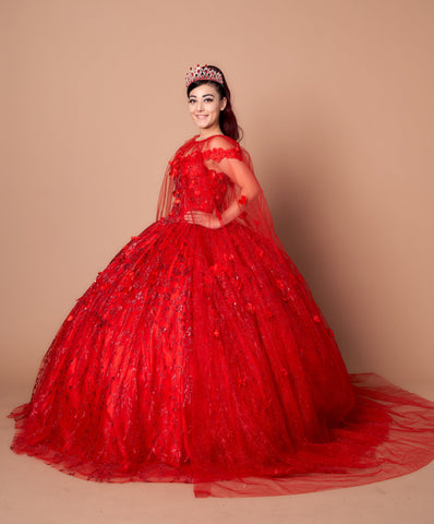 Ballkleid mit schulterfreiem Cape und 3D-Blumenmuster von Calla SCL30001