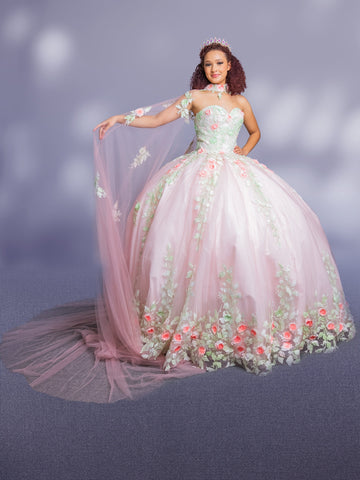 Vestido de baile com capa e aplicações sem alças da marca Calla SCL30004