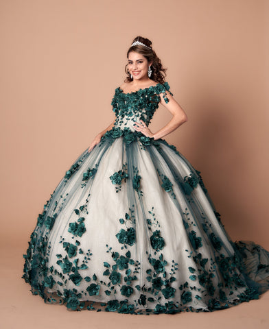Schulterfreies Ballkleid mit 3D-Blumenmuster von Calla SCL30005