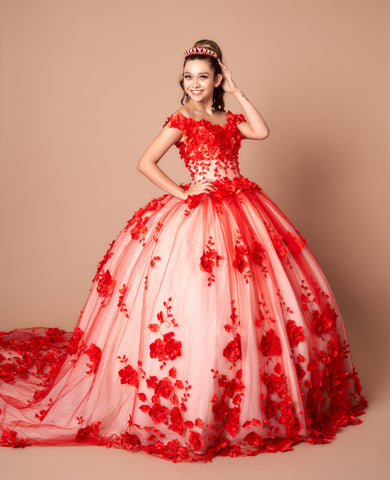 Schulterfreies Ballkleid mit 3D-Blumenmuster von Calla SCL30005