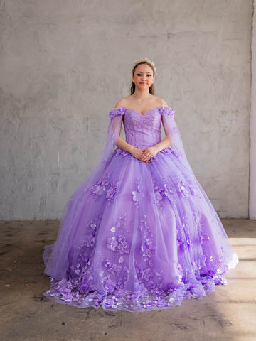 Vestido de baile com decote ombro a ombro e manga capa da marca Calla SCL30007