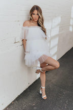 Vestido Corto de Tul Blanco Mini Traje Corto SYH6
