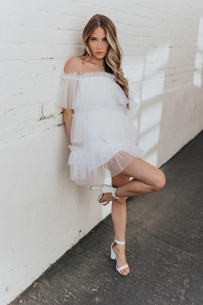 Vestido Corto de Tul Blanco Mini Traje Corto SYH6