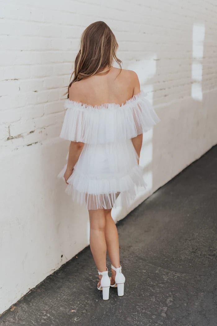 Vestido Corto de Tul Blanco Mini Traje Corto SYH6