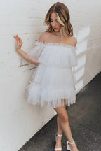 Vestido Corto de Tul Blanco Mini Traje Corto SYH6