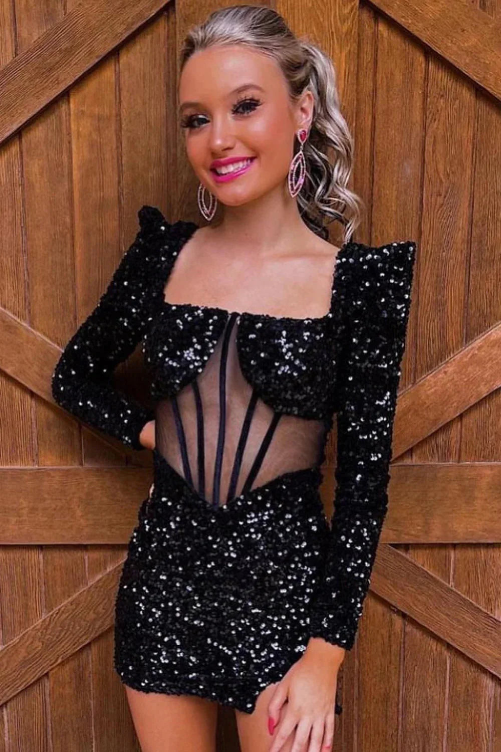 Irisierendes Weiß Pailletten Langarm Quadrat-Ausschnitt Homecoming-Kleid Y2677