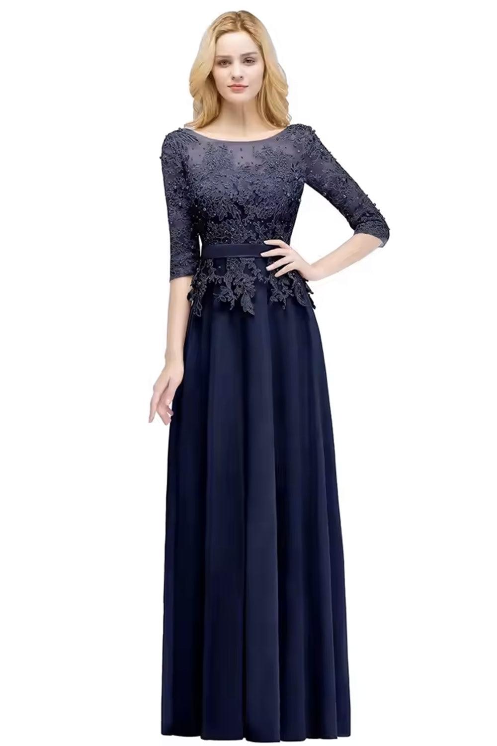 Numbersea A-line Floor Length Half Sleeves Appliques Bridesmaid Dresses with Sash