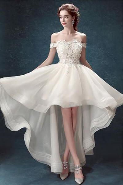 NumberSea Weiße Organza High Low Off Shoulder Günstige Brautkleider, MW162 