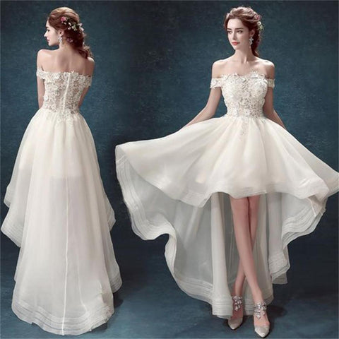 NumberSea Weiße Organza High Low Off Shoulder Günstige Brautkleider, MW162 