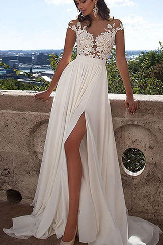 NumberSea Weißes Spitzen-Brautkleid mit A-Linie und Schlitz vorne und Applikationen, Brautkleid, MW191 