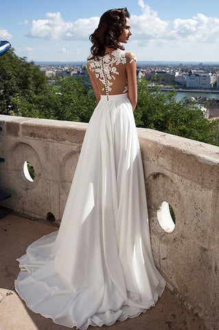 NumberSea Weißes Spitzen-Brautkleid mit A-Linie und Schlitz vorne und Applikationen, Brautkleid, MW191 