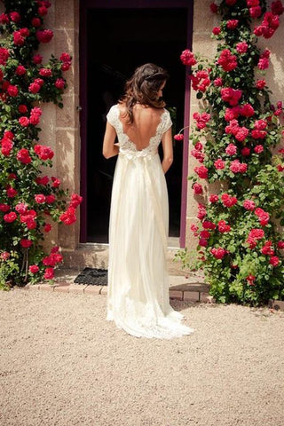 Flügelärmel A-Linie V-Rücken Günstige Lange Spitzen Brautkleider, Brautkleid, MW139 