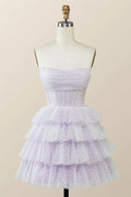 Lila Homecoming-Kleid in A-Linie mit Trägerlosem Ausschnitt, Cowl-Ausschnitt und kurzem Saum Y2780