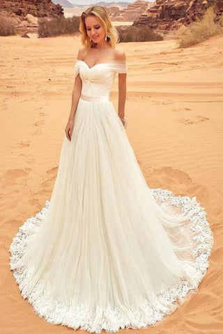Fabelhaftes weißes A-Linien-Brautkleid aus schulterfreiem Tüll mit Schleppe, MW235 