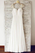 Robe de mariée plage longueur sol à manches chauve-souris en mousseline de soie à bas prix avec perlage, MW121
