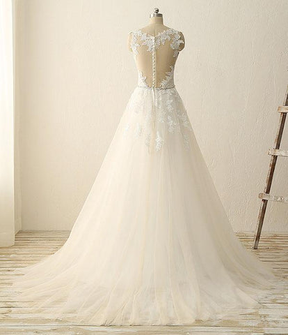 Wunderschönes, schlichtes, handgefertigtes Brautkleid in A-Linie aus elfenbeinfarbener Spitze mit V-Ausschnitt und Applikationen, MW110 