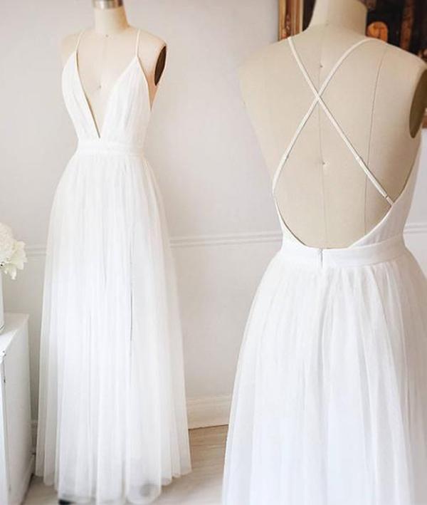 Simple White A-line Tulle V Neck Wedding Dresses, Long Prom Dresses, MW218
