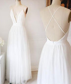 Simple White A-line Tulle V Neck Wedding Dresses, Long Prom Dresses, MW218