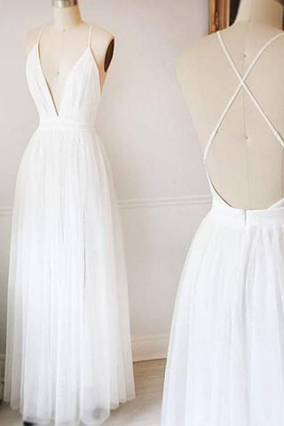 Schlichtes weißes A-Linien-Brautkleid mit V-Ausschnitt und Tüll, lange Ballkleider, MW218 