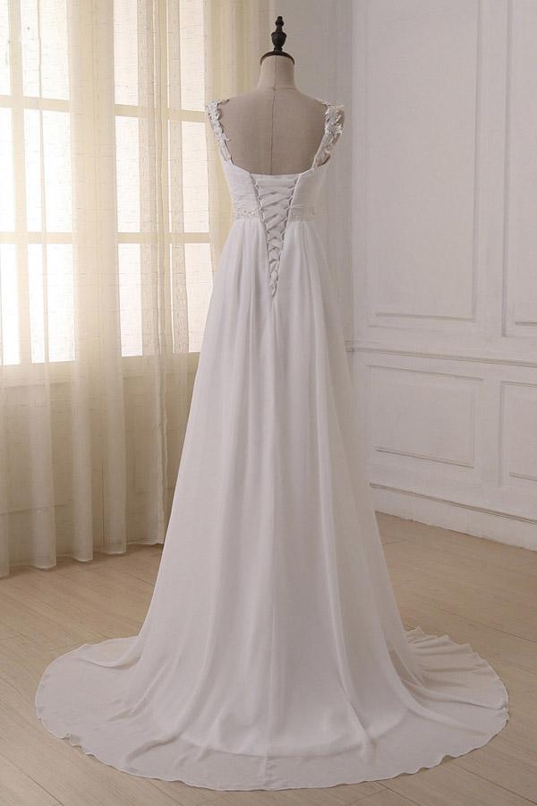 Vestidos de noiva simples de chiffon branco com alças e decote em V e cauda longa, MW233 