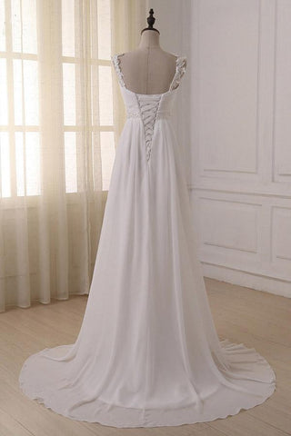 Schlichtes weißes Chiffon-Brautkleid mit V-Ausschnitt und Schleppe, MW233 