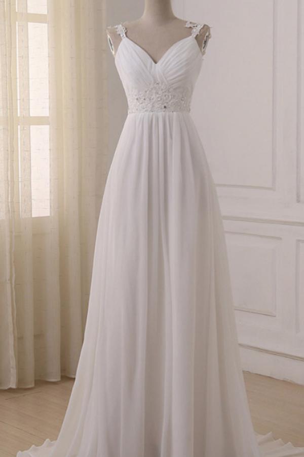 Vestidos de noiva simples de chiffon branco com alças e decote em V e cauda longa, MW233 