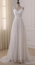 Vestidos de noiva simples de chiffon branco com alças e decote em V e cauda longa, MW233 