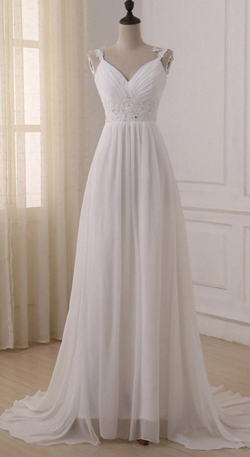 Vestidos de noiva simples de chiffon branco com alças e decote em V e cauda longa, MW233 