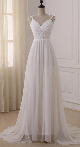 Schlichtes weißes Chiffon-Brautkleid mit V-Ausschnitt und Schleppe, MW233 