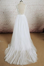 Vestidos de noiva compridos com decote em V, decote halter e renda de tule branco e cauda comprida, MW232 