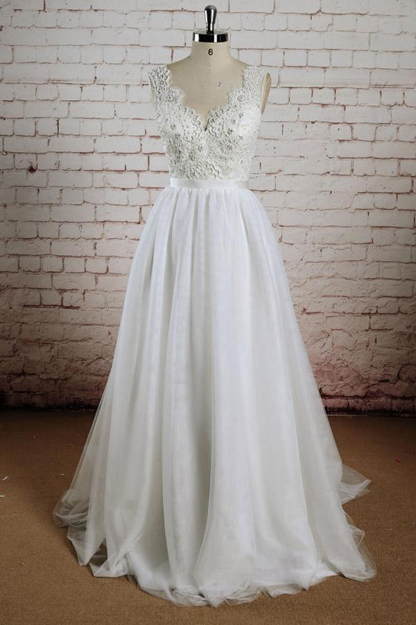 Vestidos de noiva compridos com decote em V, decote halter e renda de tule branco e cauda comprida, MW232 