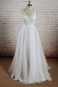 Vestidos de noiva compridos com decote em V, decote halter e renda de tule branco e cauda comprida, MW232 