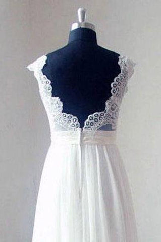 Elfenbeinfarbenes Chiffon-Spitzen-Strandbrautkleid mit V-Ausschnitt und Schleppe, MW175 