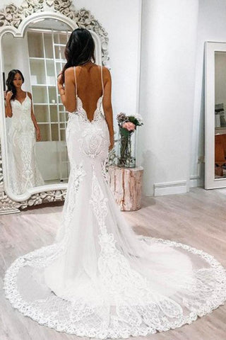 Lindos vestidos de noiva brancos com alças finas e tule rendado, cauda sereia, MW239 